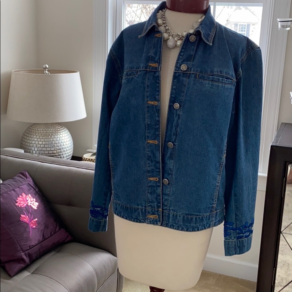 Chico’s Embroidered Patchwork Denim Jacket Euc - image 2